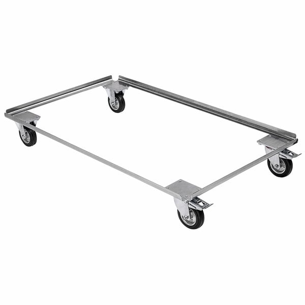 A metal frame Coldtainer trolley with black wheels.