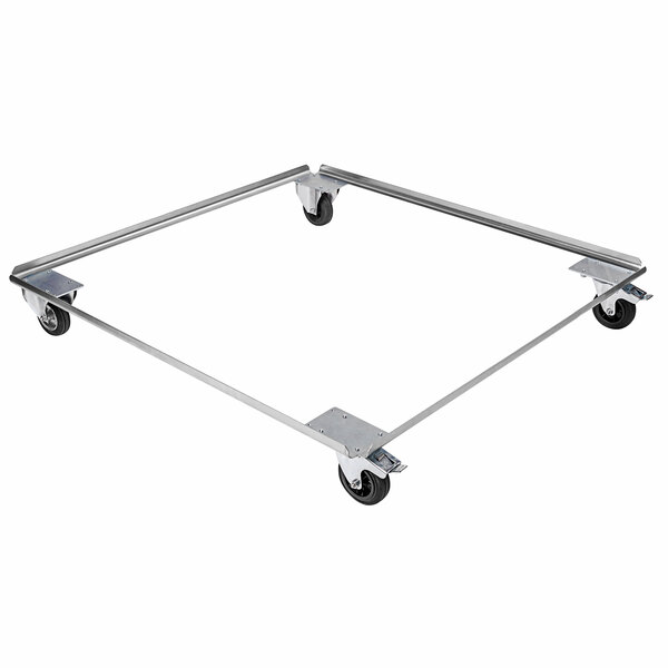 A metal trolley frame with wheels.