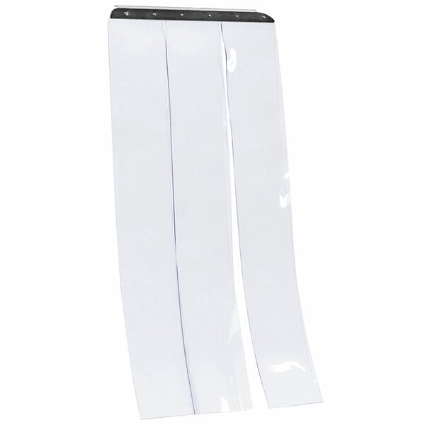 A white plastic strip curtain with black edges for a Coldtainer refrigerated container.