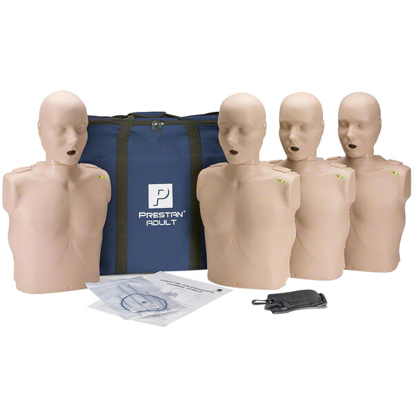 A group of Prestan adult CPR manikins with a blue bag.