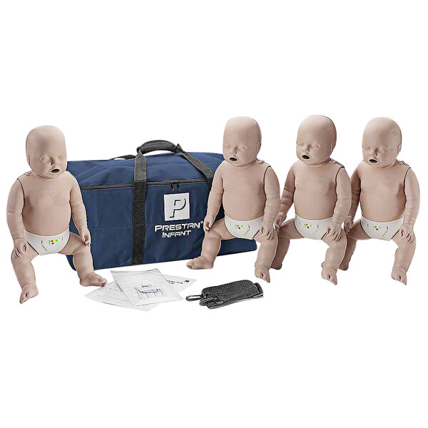 A group of Prestan infant CPR manikins in diapers next to a blue bag.