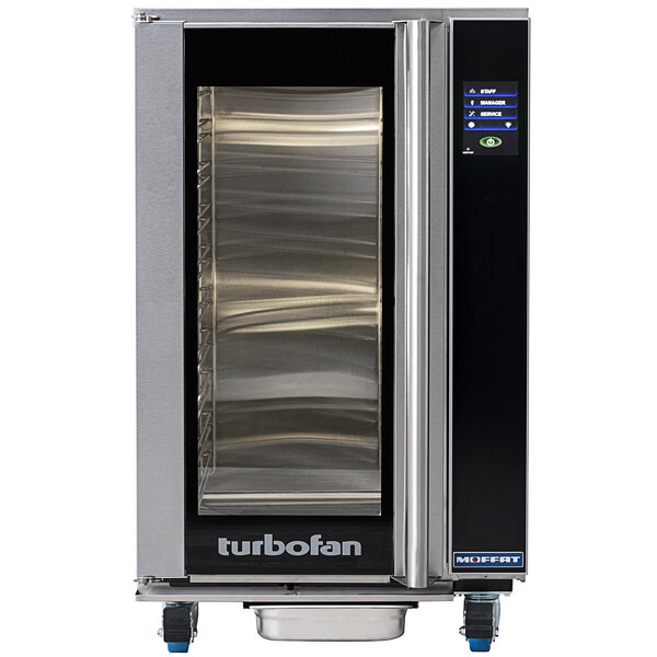A Moffat Turbofan stainless steel holding cabinet with a glass door.