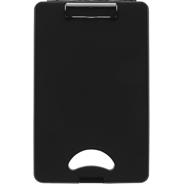 A black rectangular Saunders Deskmate II storage clipboard with a clip.