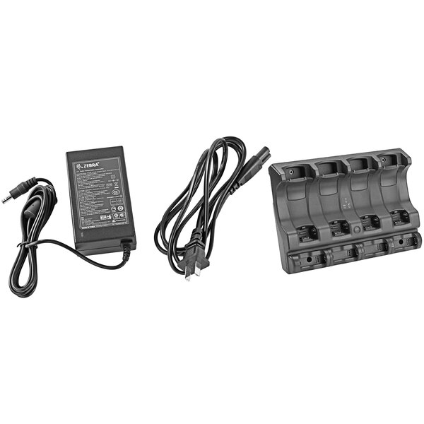 A black Zebra four-slot battery charger with wires.
