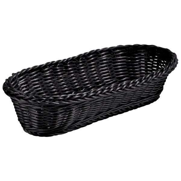 A black Tablecraft rattan basket with handles on a white background.