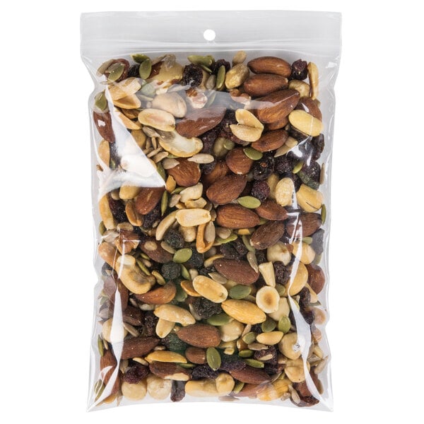 A LK Packaging resealable plastic bag of mixed nuts and seeds with a hang hole.
