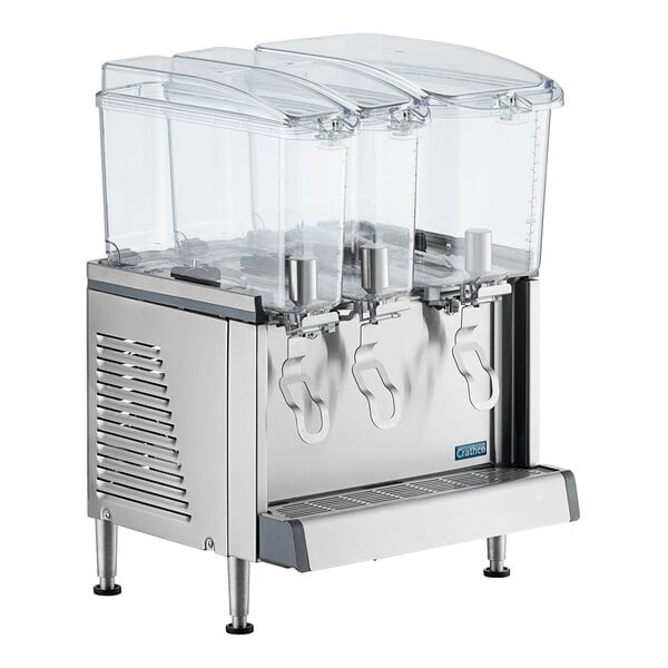 A Crathco refrigerated beverage dispenser with three clear containers.