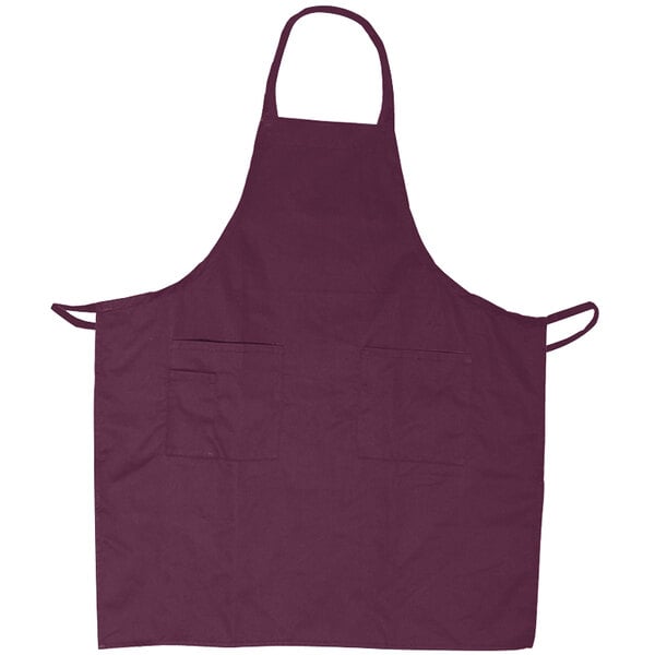 A purple Update International bib apron with 3 pockets.