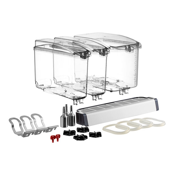 A group of clear containers with white lids and black rubber bands.
