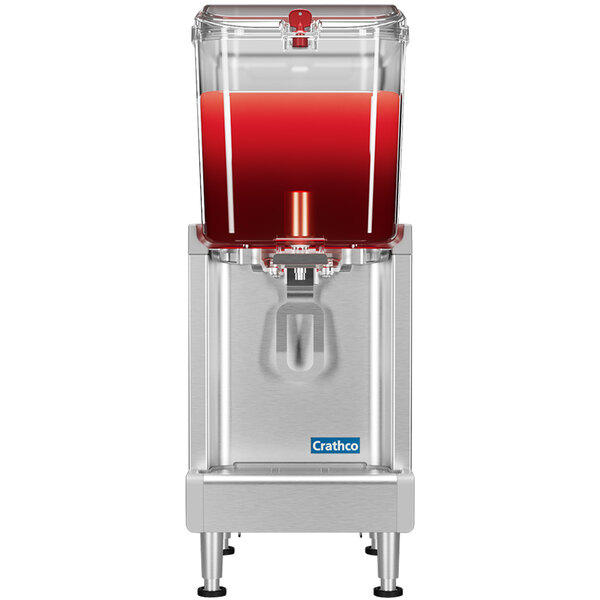 A Crathco refrigerated beverage dispenser machine with a red liquid inside.