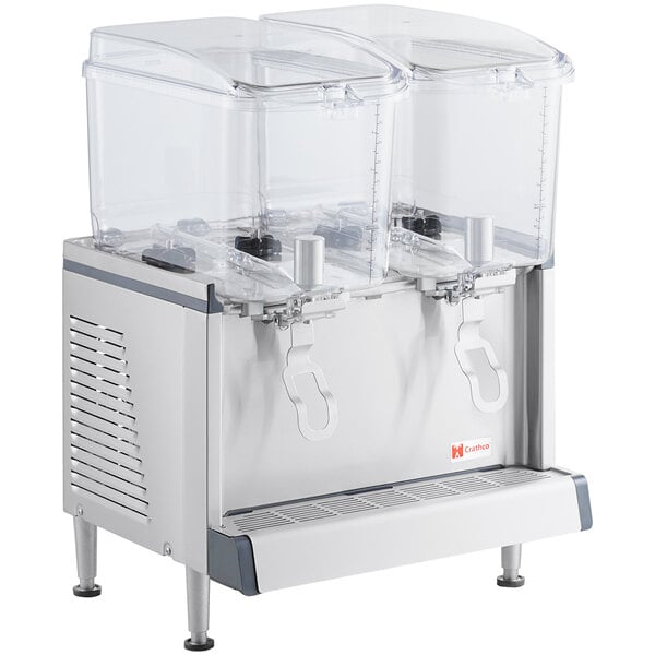 A Crathco refrigerated beverage dispenser with two clear containers on top.