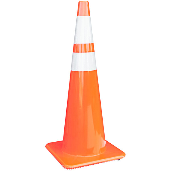 An orange and white traffic cone with double reflective bands.
