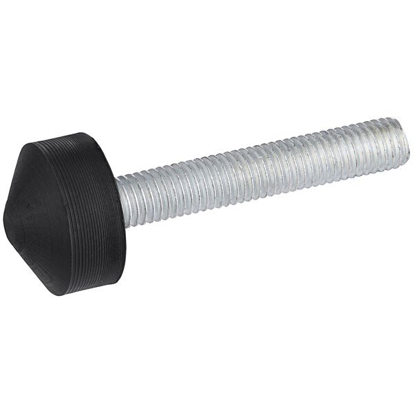 A close-up of a black plastic screw with a white background.