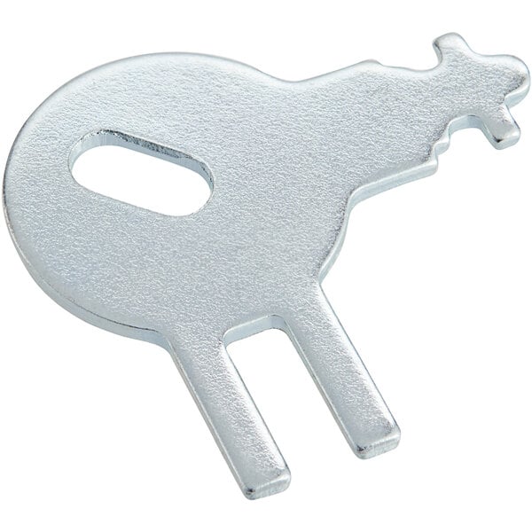A silver metal Lavex key with a hole in the middle.