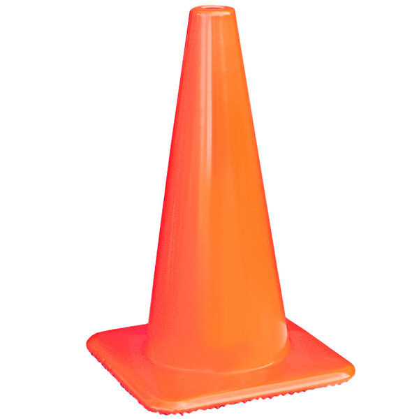 An 18" orange traffic cone with a 5 lb. base on a white background.