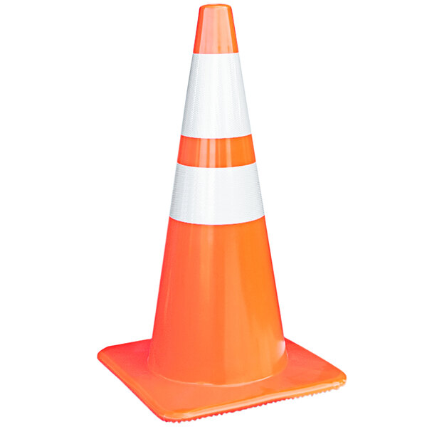An orange and white 28" traffic cone with double reflective bands on a white background.