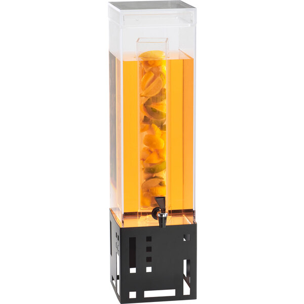 A Cal-Mil black beverage dispenser filled with orange liquid.
