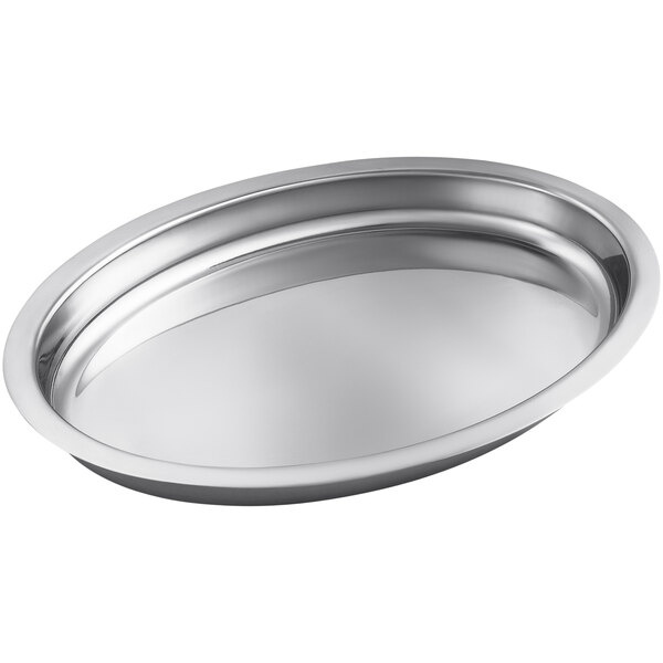 A silver stainless steel oval insert with a curved edge.