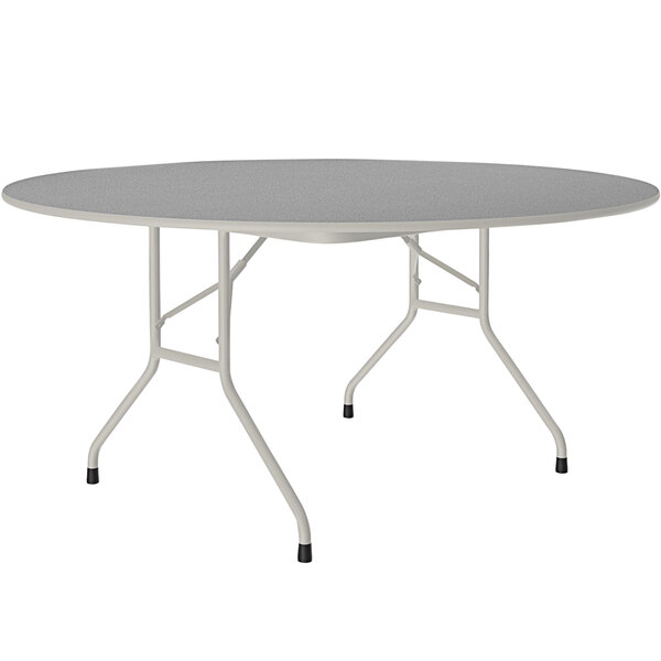 A round Correll folding table with a gray top and gray legs.