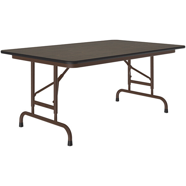 A Correll rectangular folding table with a walnut top and brown metal frame.