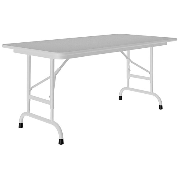 A gray rectangular Correll folding table with black legs.