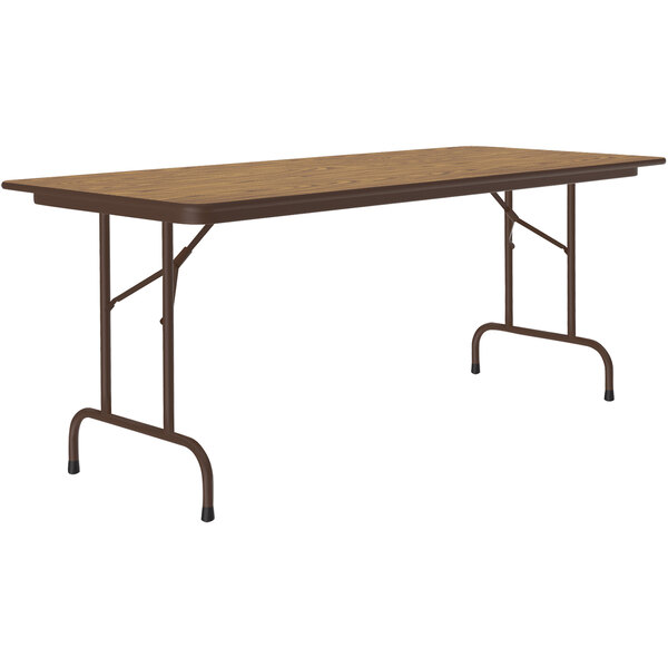 A brown rectangular Correll folding table with a metal frame and wood top.