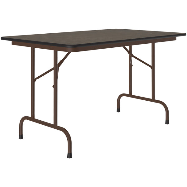 A rectangular Correll folding table with a walnut top and brown metal frame.