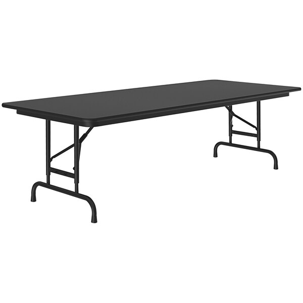 A rectangular black Correll folding table with black metal legs.
