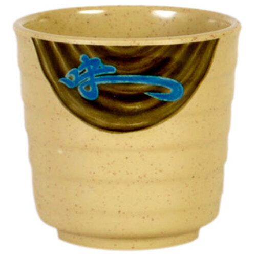 A beige Thunder Group melamine tea cup with blue design on it.