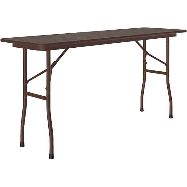 A Correll walnut folding table with a brown metal frame.