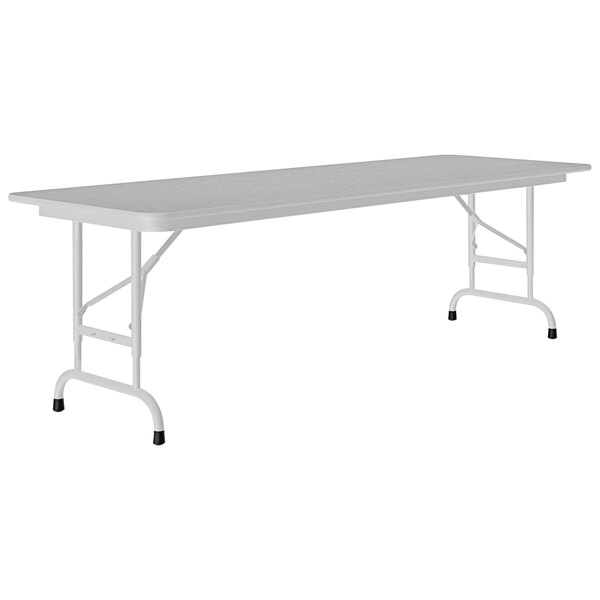 A gray rectangular Correll folding table with a gray frame.