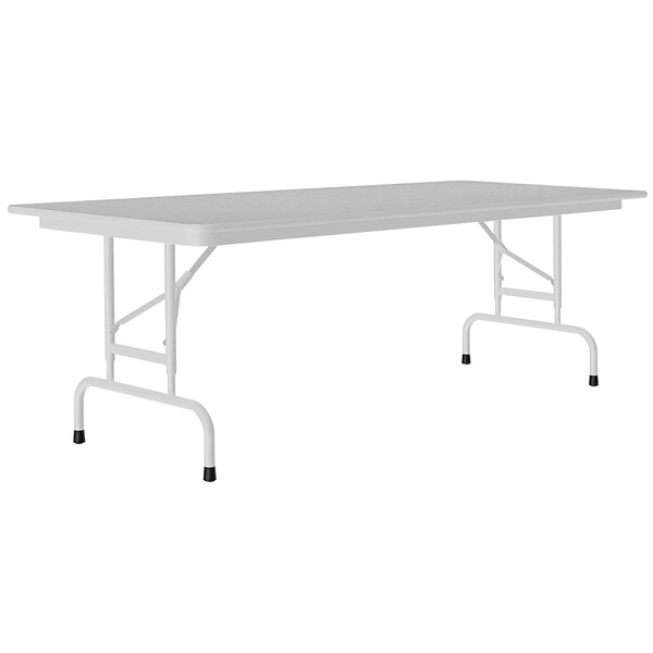 A gray rectangular Correll folding table with a gray metal frame.