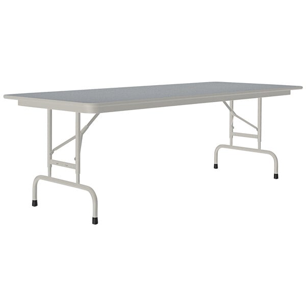 A grey rectangular Correll folding table with adjustable grey legs.
