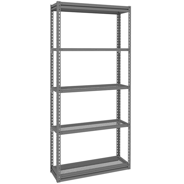 A dark grey Tennsco boltless steel shelving unit with five perforated shelves.
