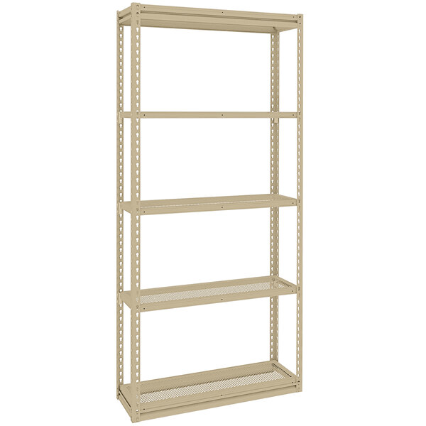 A beige Tennsco boltless steel shelving unit with 5 perforated shelves.