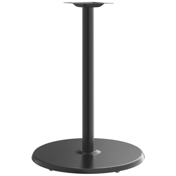 A black Lancaster Table & Seating bar height column table base with a round base.
