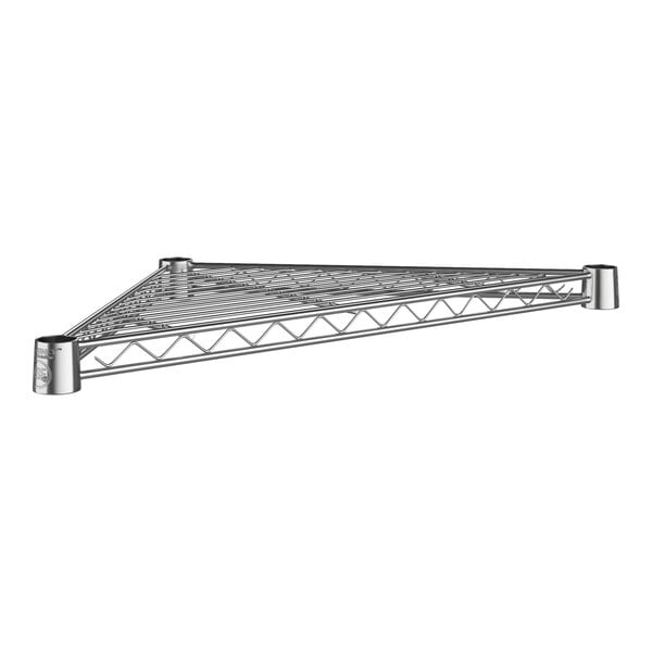 A Regency chrome metal triangle shelf with metal bars.