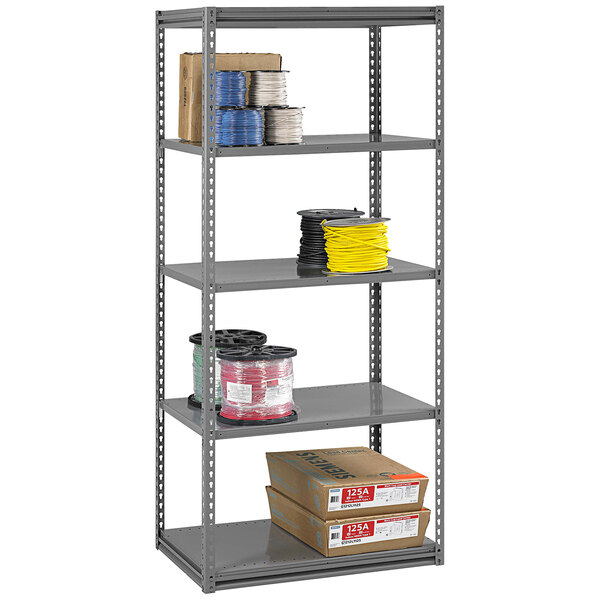 A dark grey Tennsco steel shelving unit with five shelves.