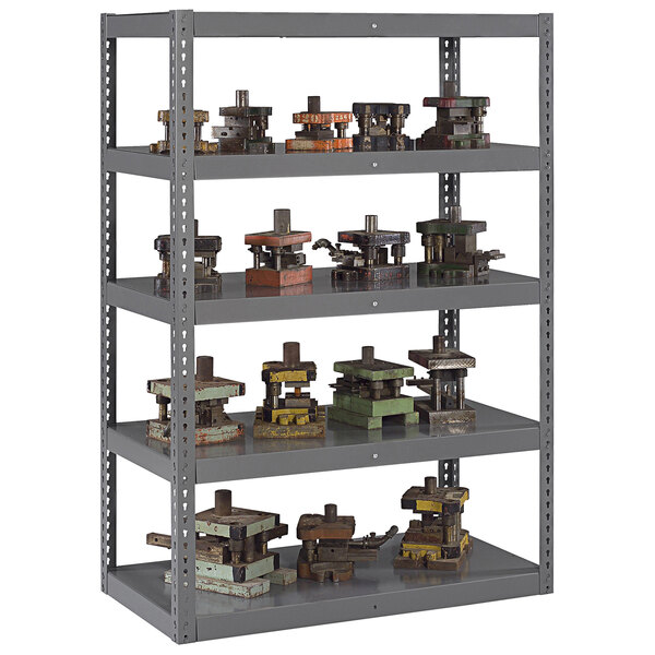 A dark gray Tennsco boltless steel shelving unit with metal shelves holding metal objects.