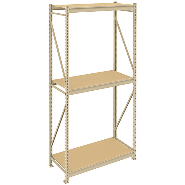 A Tennsco beige metal boltless shelving unit with particleboard shelves.