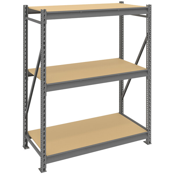 A Tennsco dark gray metal shelving unit with two particleboard shelves.