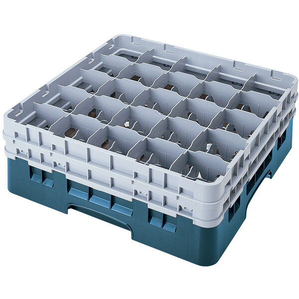 A teal plastic container with many compartments and holes.