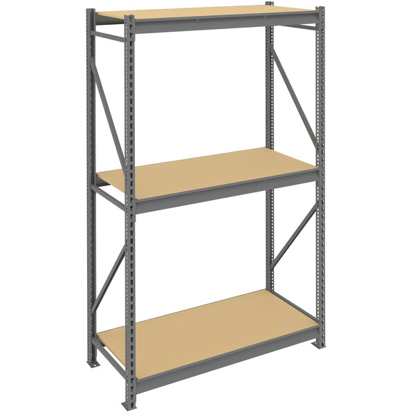 A Tennsco dark gray metal bulk shelving unit with two shelves.