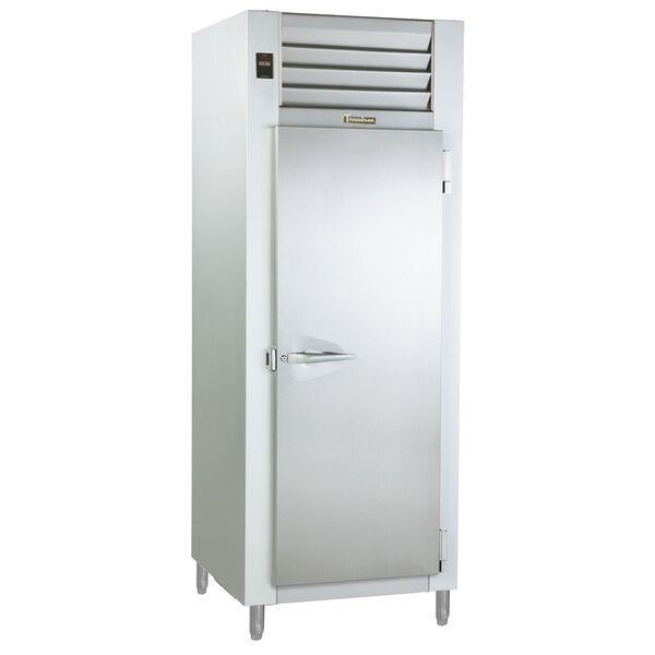 A Traulsen stainless steel reach in refrigerator/freezer with a white door and handle.
