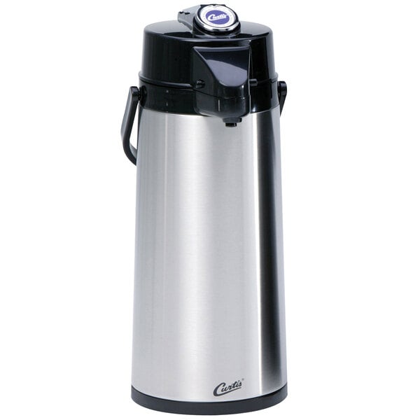 A Curtis stainless steel coffee airpot with a black and silver lever lid.