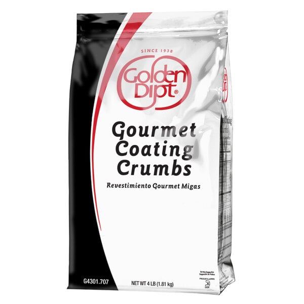 A white bag of Golden Dipt Gourmet Coating Bread Crumbs with black text.