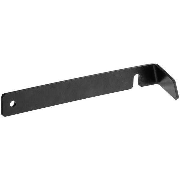 A black metal rectangular bracket with a hole on the right side.