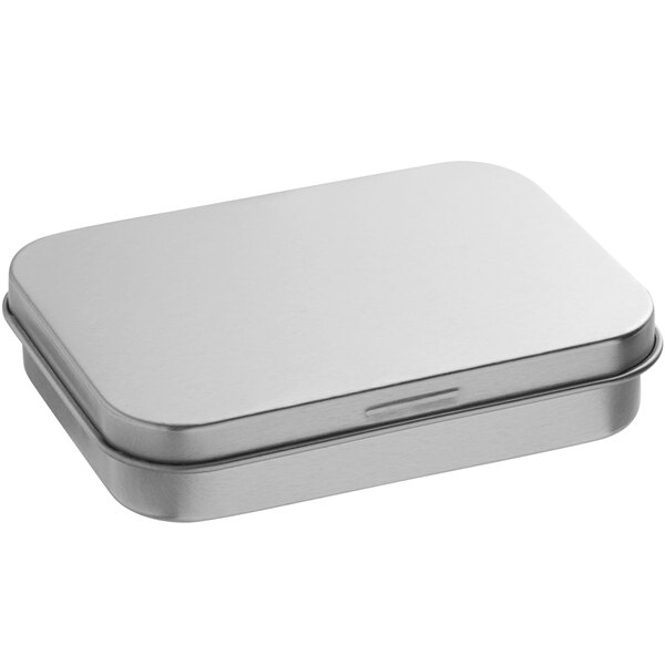 A silver rectangular metal tin with a slip cover.