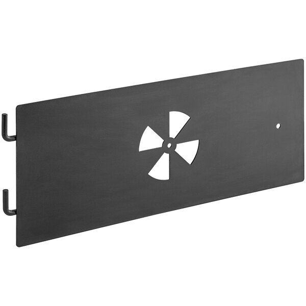 A black rectangular metal panel with a white fan symbol.