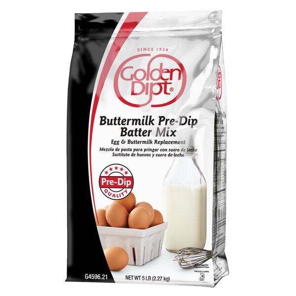 A black and red bag of Golden Dipt Buttermilk Pre-Dip Batter Mix on a white background.